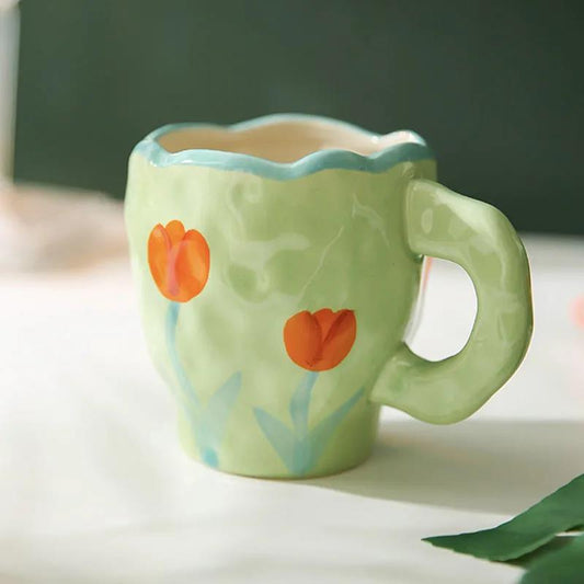 Korean Ins Hand-squeezed Ceramic Irregular Hand-painted Mug Milk Cup Breakfast Cup Coffee Cup Water Cup High Value
