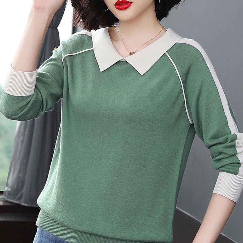Spring and Autumn Pullover Loose Sweater Simple Long-sleeved Large Size Bottoming Shirt Casual Middle-aged Women Sweater