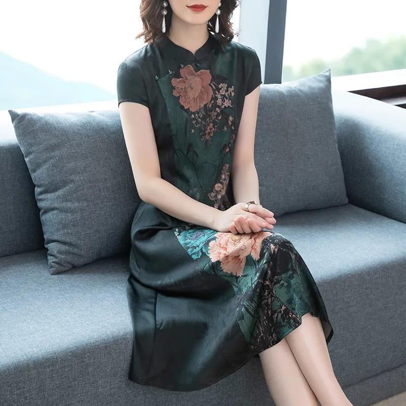 Middle-aged Mother Cheongsam Dress Female Long Summer High-end Retro Cover Belly Chinese Style Simulation Silk Skirt
