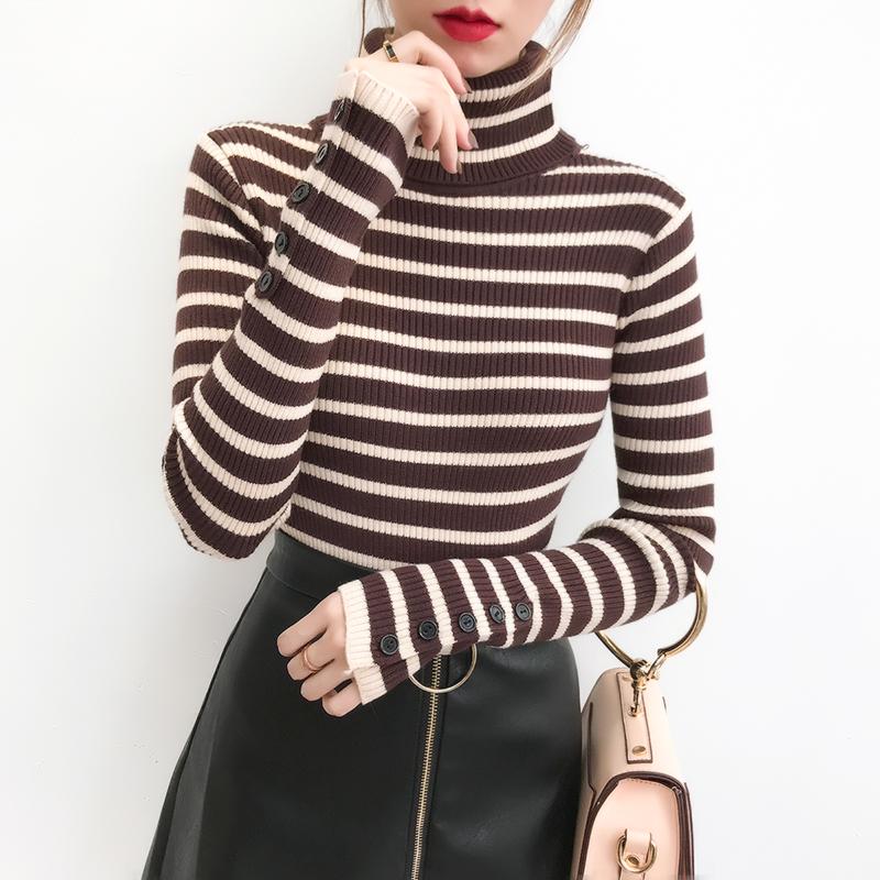 Slim Fit Striped Sweater Winter Pullover Turtleneck Knitted Bottoming Shirt Thickened