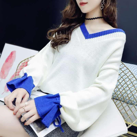 Large Size Warm Cashmere Sweater V-neck Sweater Female Autumn and Winter Solid Color Long Sleeve