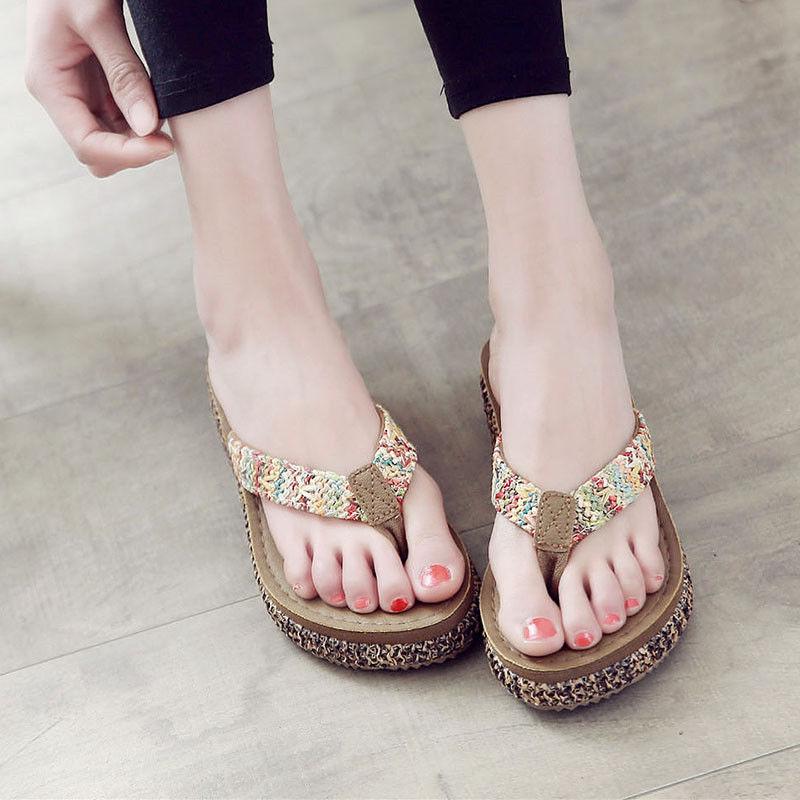 Slippers Female Summer Wear Thick Bottom Flip Flops Ladies Anti-skid Clip Feet Increase Seaside Beach Sandals and Slippers