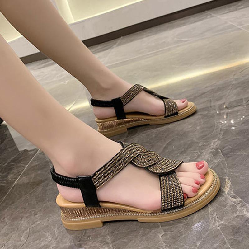 Wedge Sandals Women's Shoes Summer Soft Leather Rhinestones Comfortable Soft Bottom Low-heeled All-match Women's Flat Shoes