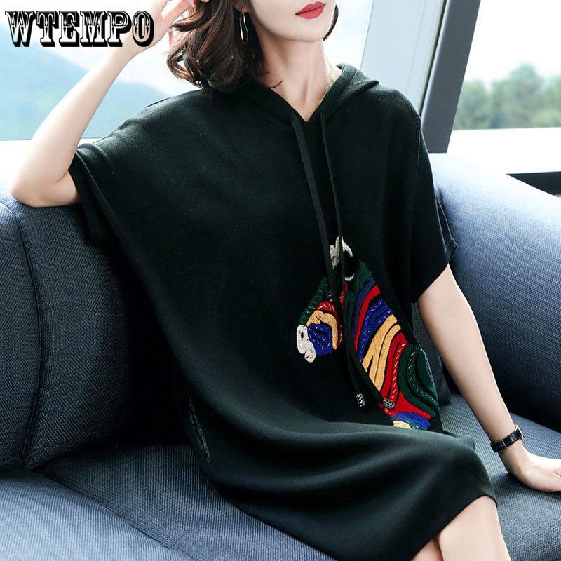 Women's Summer New Fashion Cartoon Dress Half-sleeved Loose Long Hooded Sweater Women