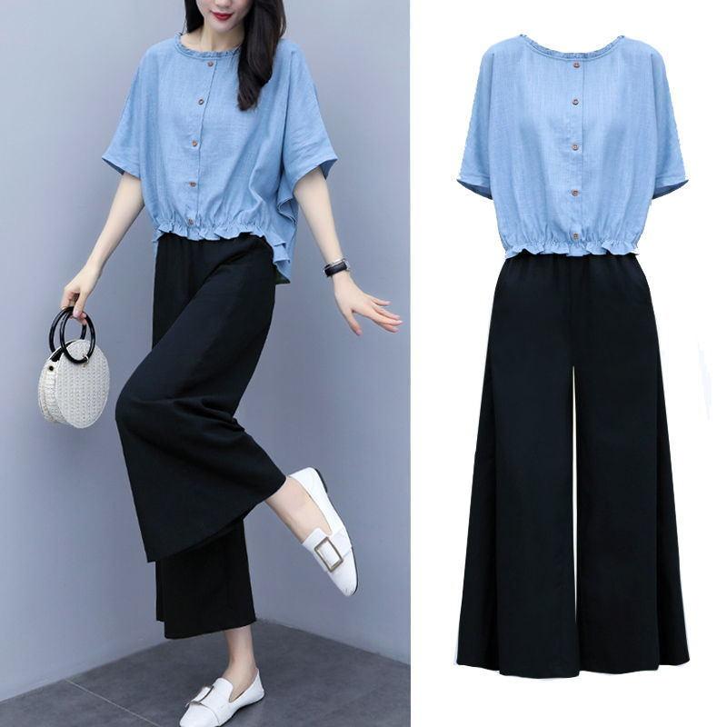 Suit Summer Cotton and Linen Large Size Loose Round Neck Short-sleeved Shirt Casual Wide-leg Pants Women's Suit Casual Suit