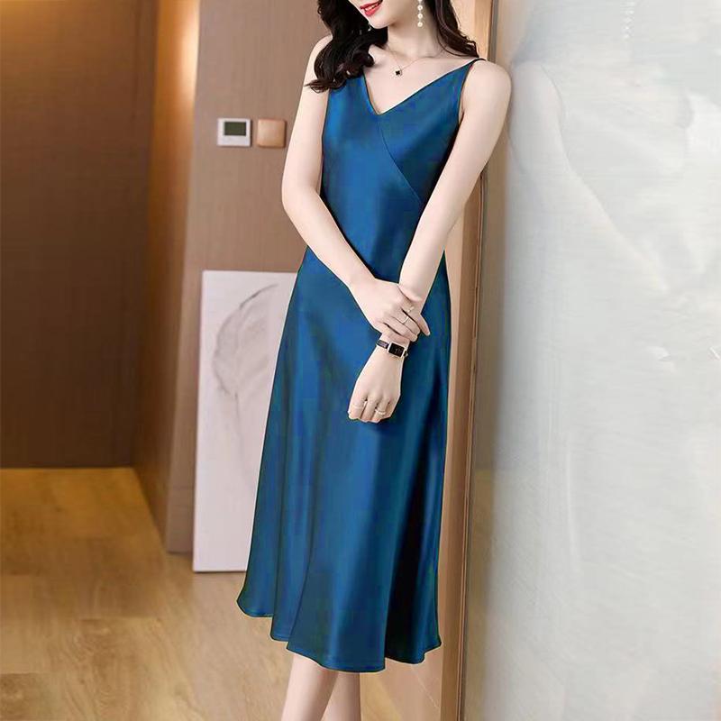 Spring Summer Woman Tank Dress Casual Satin Sexy Camisole Elastic Female Home Beach Dresses V-neck Camis Sexy Dress