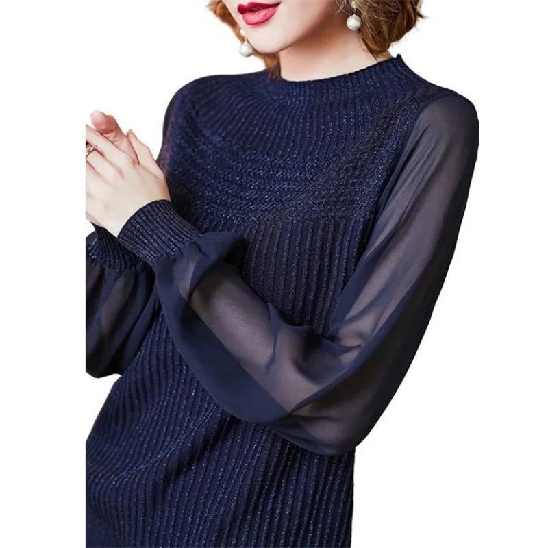 Temperament Lantern Sleeve Ladies Top Wear Mesh Half Turtleneck Knit Bottoming Shirt Long Sleeve Thin
