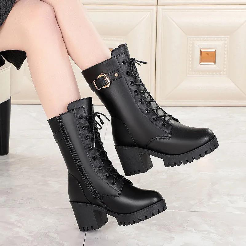 Cotton Warm Martin Boots Women Winter Plus Velvet Mid-tube Short Boots with Thick High-heeled Cotton Shoes