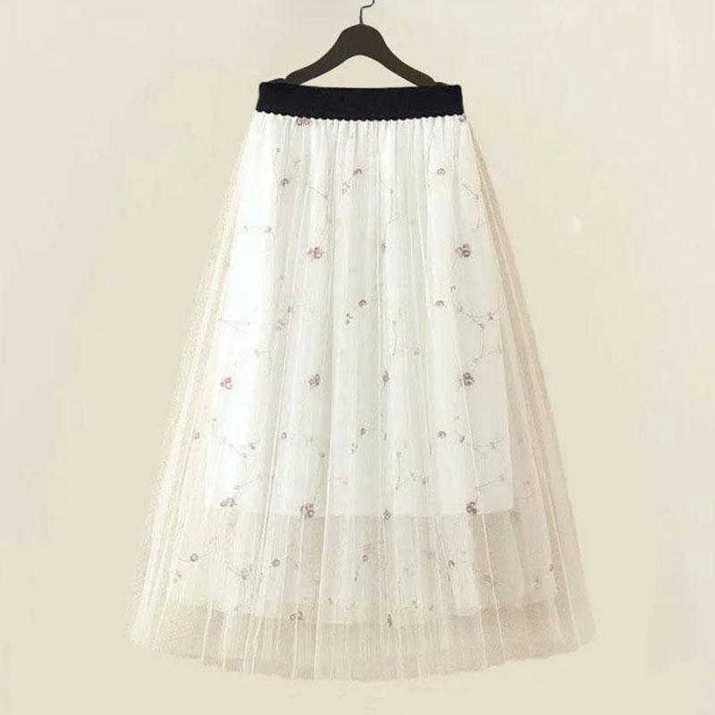 Women Skirts Female Long Skirt Summer Casual A-line Skirts Solid Color Elastic High Waist Skirt Loose Embroidered Skirt