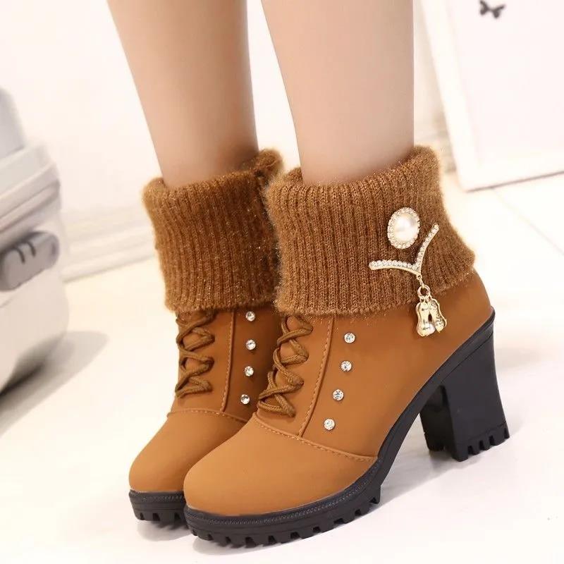 Autumn and Winter Short Mid-high Heel Round Toe Women's Shoes Side Zipper Woolen Cotton Boots