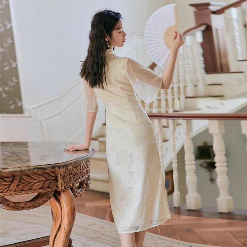Improved Version of Chinese Style Women's Hanfu Cheongsam Women's Retro Elegant Long Temperament Dress Slim Cute Retro Style Embroidery Pattern