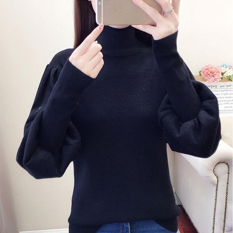 Women's Turtleneck Sweater Autumn Winter Lantern Sleeve Knit Top Loose Solid Color Pullover Sweater loose knitwear