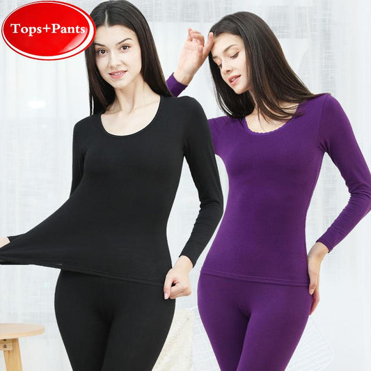 Women Winter Autumn Thermal Underwear Plus Velvet O-neck Female Tight Suit Thicken Windproof Comfortable Soft Lining Long Sleeve High Elasticity Slim