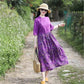 Purple Plus Size Ethnic Style Dress Linen Print Retro Cheongsam Round Neck Button Closure Floral Dress