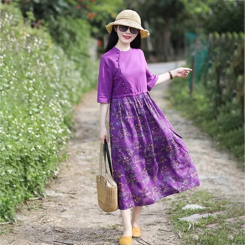 Purple Plus Size Ethnic Style Dress Linen Print Retro Cheongsam Round Neck Button Closure Floral Dress