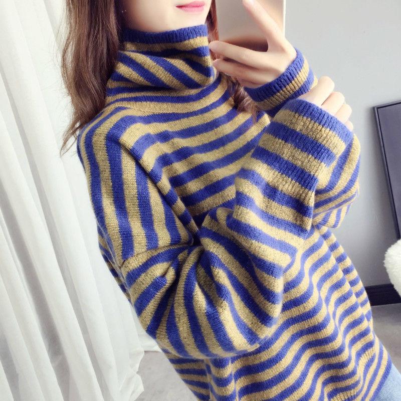 Pullover Lazy Striped Sweater Women Autumn and Winter Korean Knit Bottoming Shirt Loose Turtleneck Thick