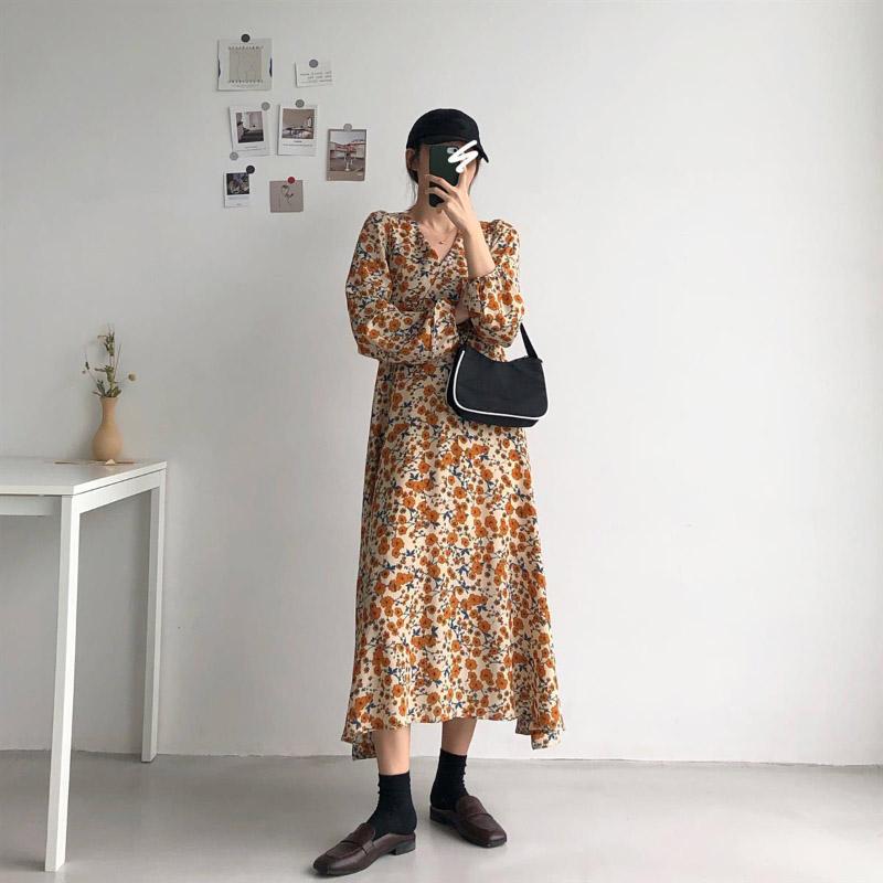 French Temperament Retro V-neck Floral Skirt Female Spring Summer Waist Thinner Over The Knee Chiffon Dress
