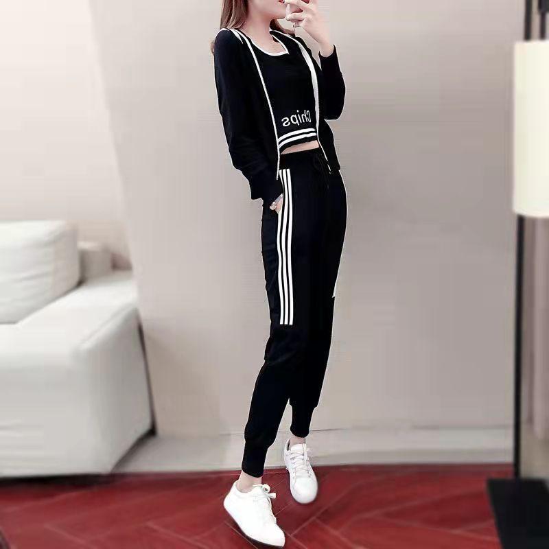 3PCS Women's Three-piece Sports Suit Korean Version Loose Student Hooded Sweater Running Trousers Breathing Vest Bra Set Girls Athletic Clothing