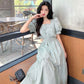 Women's French Retro Style Orange Dress with Puff Sleeves Square Collar Waist Waist Slim Dress