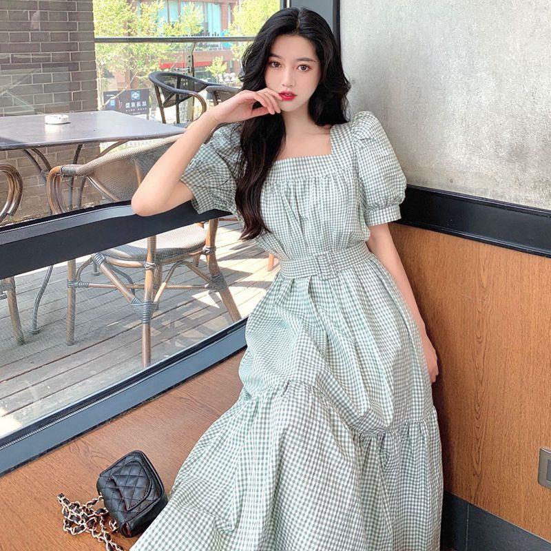 Women's French Retro Style Orange Dress with Puff Sleeves Square Collar Waist Waist Slim Dress