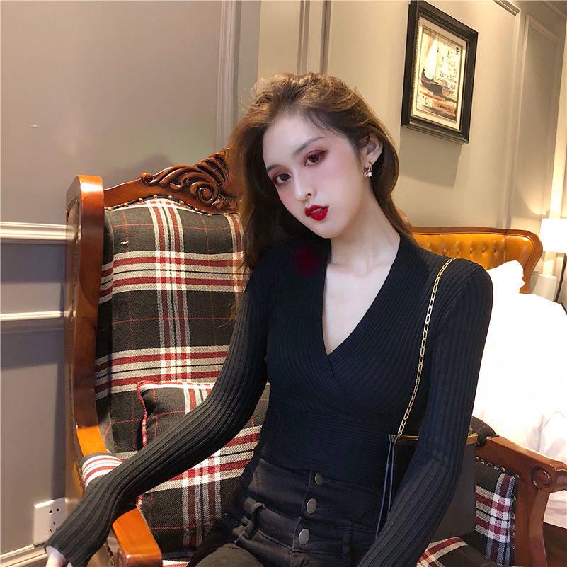 Pofulove Fatal Temptation Sexy Long Sleeve Cross V-Neck Slim Knitwear Solid Color Bottoming Sweaters