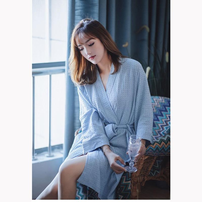 Women's Yukata Pajamas Robe Spring Autumn Loose Waffle Solid Color Bathrobe Long Sleeves Robe Sleeping Robes with Belt