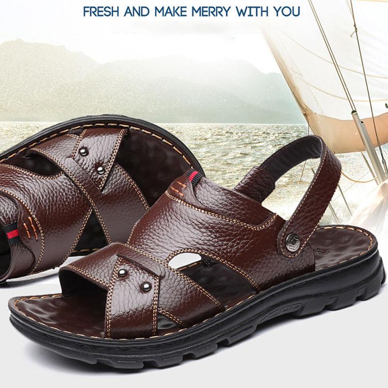 Men Leather Sandals Summer Classic Peep Toe Slippers Soft Sandals Men Roman Comfortable Outdoor Walking Footwear