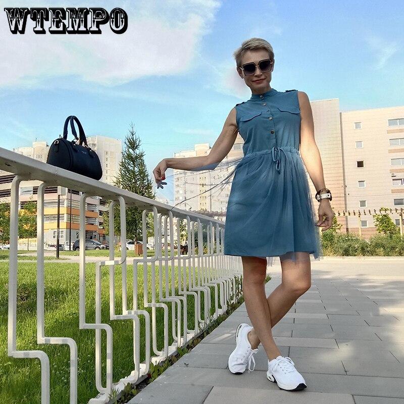 Korean Dresses Women Pink Summer Net Yarn Hem Sleeveless Midi Shirt Dress Drawstring Belt Slim Blouse Girl Uniform Casual Dress