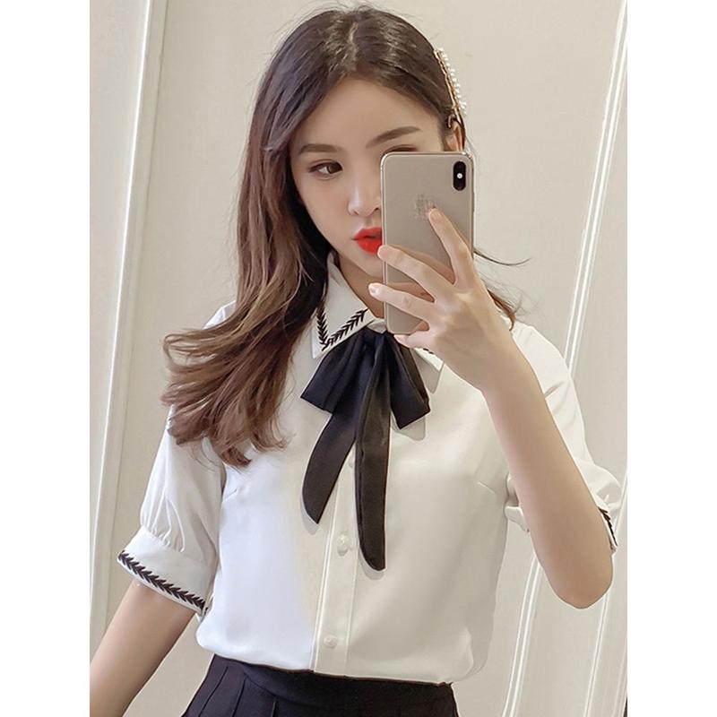 Chiffon Shirt Women's Short-sleeved Bowknot Niche Loose Casual Chiffon Shirt Sweet and Cute Loose Casual Shirt Fabric Light and Breathable
