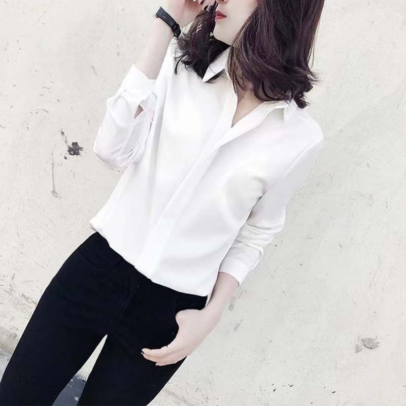 V-neck Chiffon Shirt Women's Long-sleeved Loose Pullover Shirts Korean Style Temperament Solid Color Double Layer Collar Shirt Blue White Casual Shirt