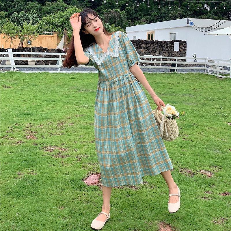 Female Lace Stitching Doll Collar Plaid Short Sleeve Holiday Dress High Waist Slim Vintage Elegant A-line Dress