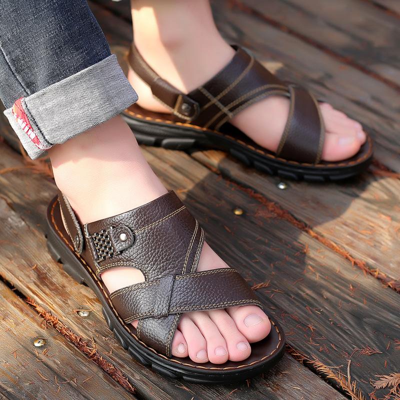 Waterproof Non-Slip Sandals Cow Leather Men's Soft Bottom Wear-Resistant Slippers Dual-Purpose Breathable Sandals