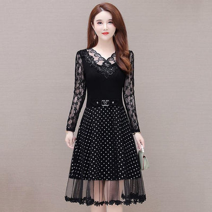 Spring and Summer Black V-neck Lace Stitching Dress Mesh Large Size Waist Skirt A-line Dress Covering Belly Mid Skirt