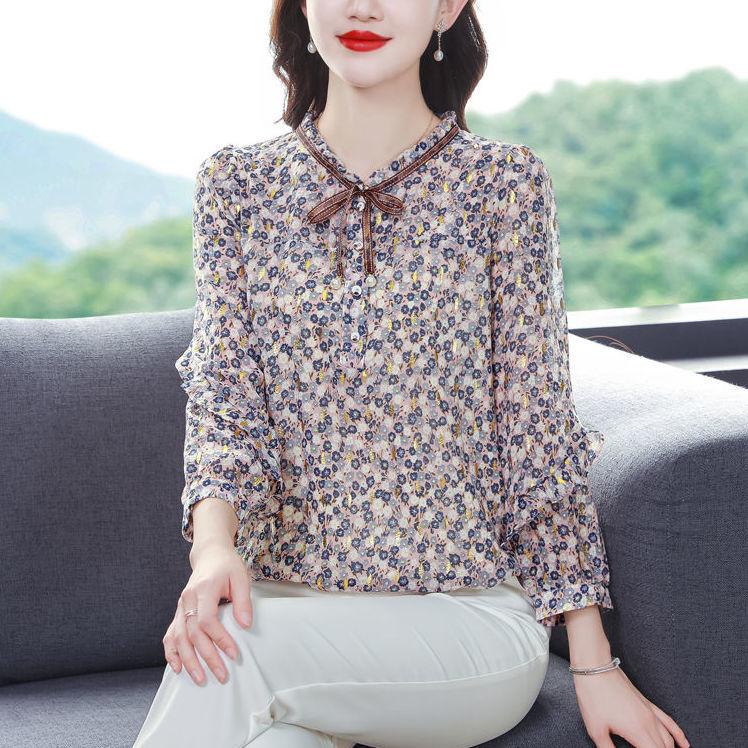 Floral High-end Chiffon Shirt Top Women's Large Size Small Shirt Fashion Temperament Long Sleeves