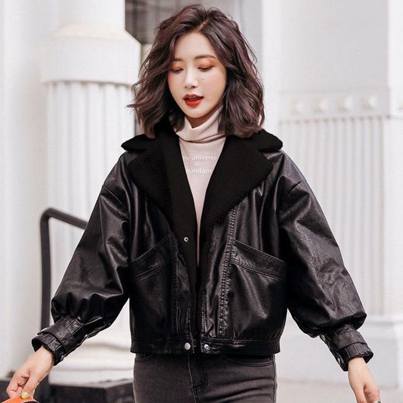 Women's Leather Winter Clothing Korean Style Short Loose Leather Jacket Lamb Hair Plus Velvet Thick Motorcycle Leather Jacket