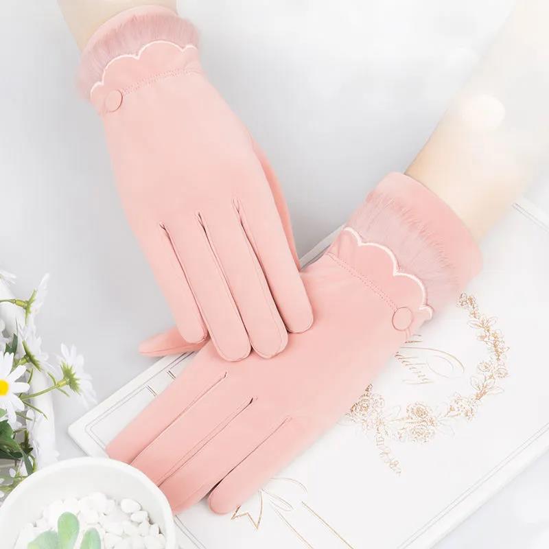 Gloves Women Winter Thick Skin-friendly Warm Cotton Gloves Students Cute Touch Screen Windproof Warm Plus Velvet Cold Riding