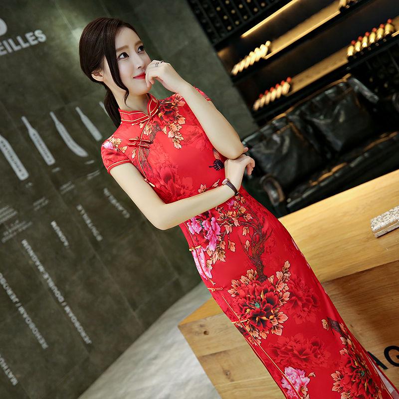 Chinese style large size slim split cheongsam woman summer long cheongsam skirt female dress