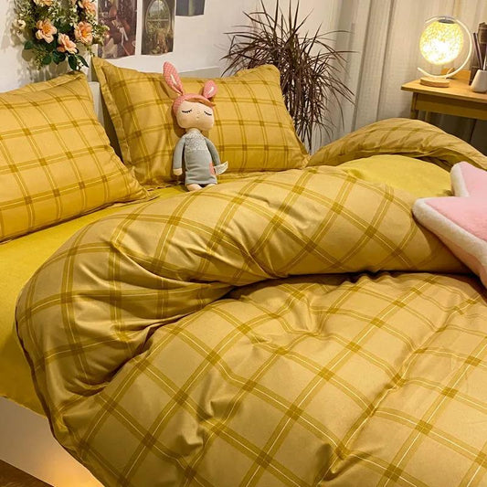 Washed Cotton Four-piece Duvet Cover Sheets Fashion Printed Bedding Student Dormitory Single Bed Sheet Sheets