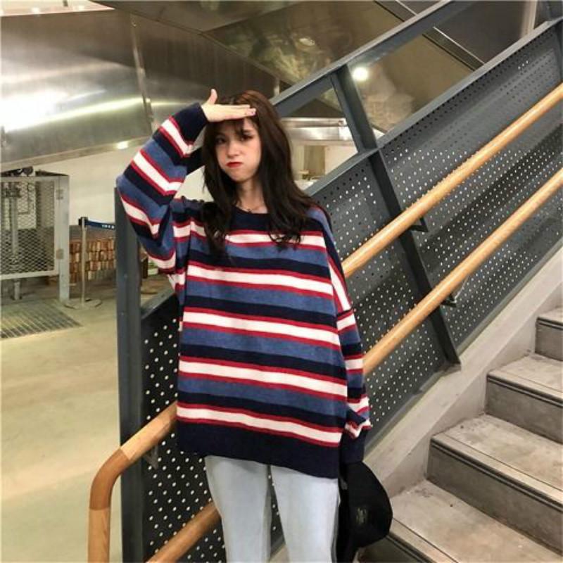 Pofulove Long Contrast Color Striped Sweet Pullover Sweater Sweater Women Sweater Autumn and Winter