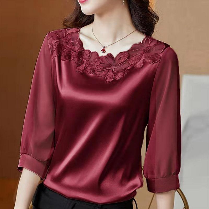 Three-quarter Sleeves Plus Size Chiffon Top Women's Embroidered Loose Round Neck Satin Mother's Belly Cover Shirt