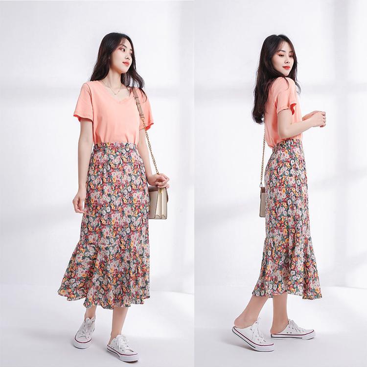 Skirt Chiffon High Waist Thin Lotus Leaf Flowers Mid-length Irregular Fishtail Skirt
