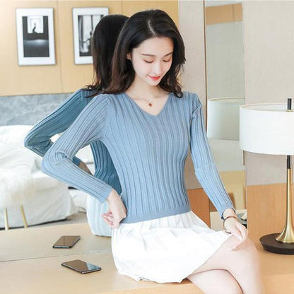 Autumn and Winter Knitted V-neck Sweater All-match Slim Short Top Small Simple Solid Color Female Bottoming Shirt