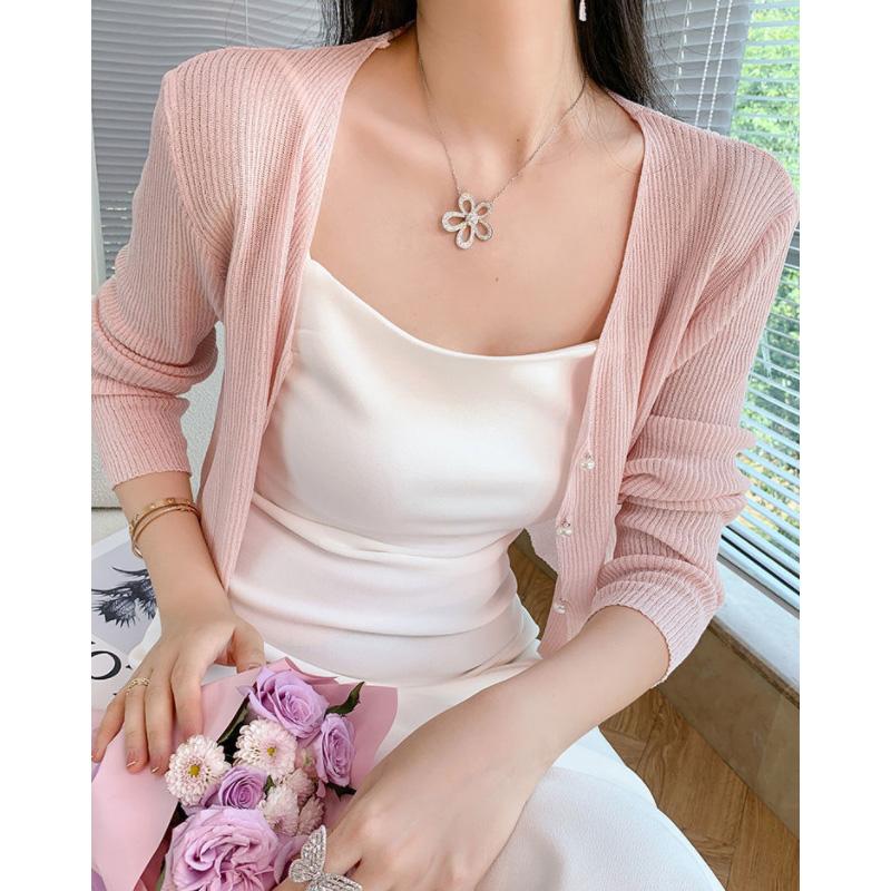 Summer Thin Knitted Sunscreen Cardigan Women's Slim All-match Solid Color Pearl Buckle Ice Silk Short Top