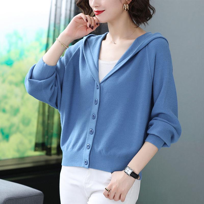Autumn and Winter Cropped Hooded Top Simple Loose Knit Sweater Fashion Cardigan
