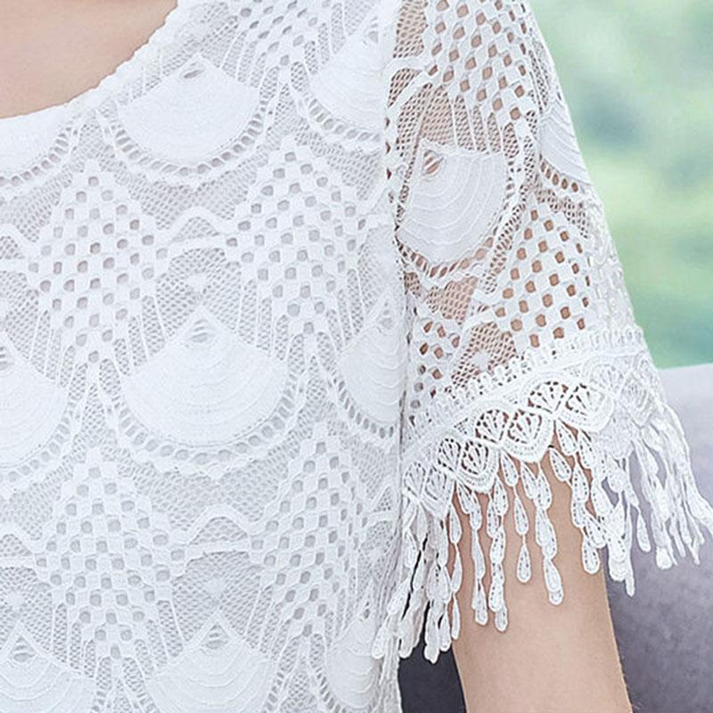 Summer Women's Loose Lace Round Neck Short Sleeve Large Size All-match Top