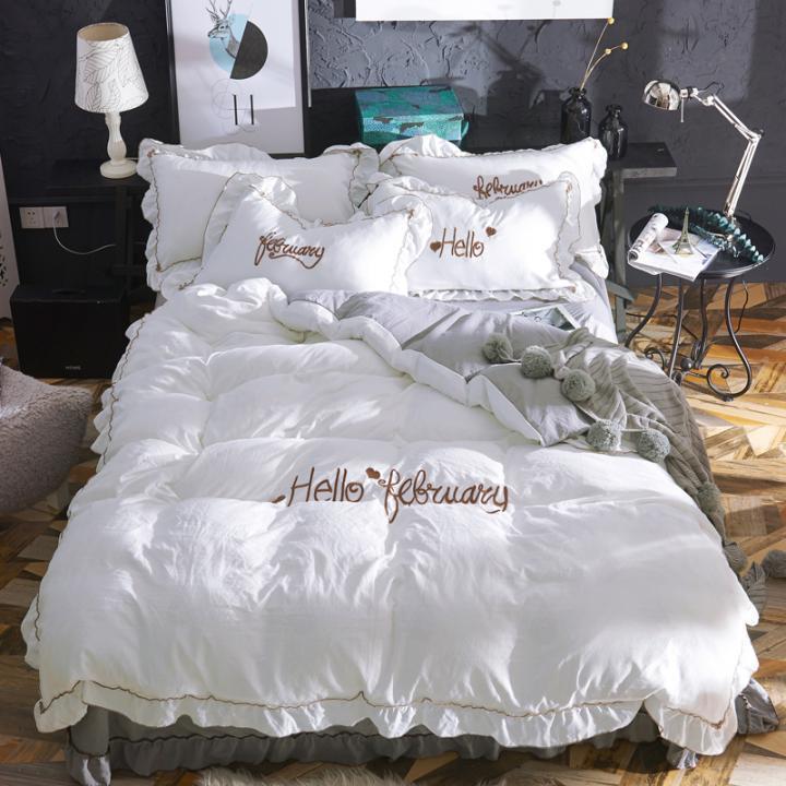 Naked Sleeping Sanded Four-piece Super Soft Korean Style Washed Cotton Bed Linen Quilt Cover Bedding