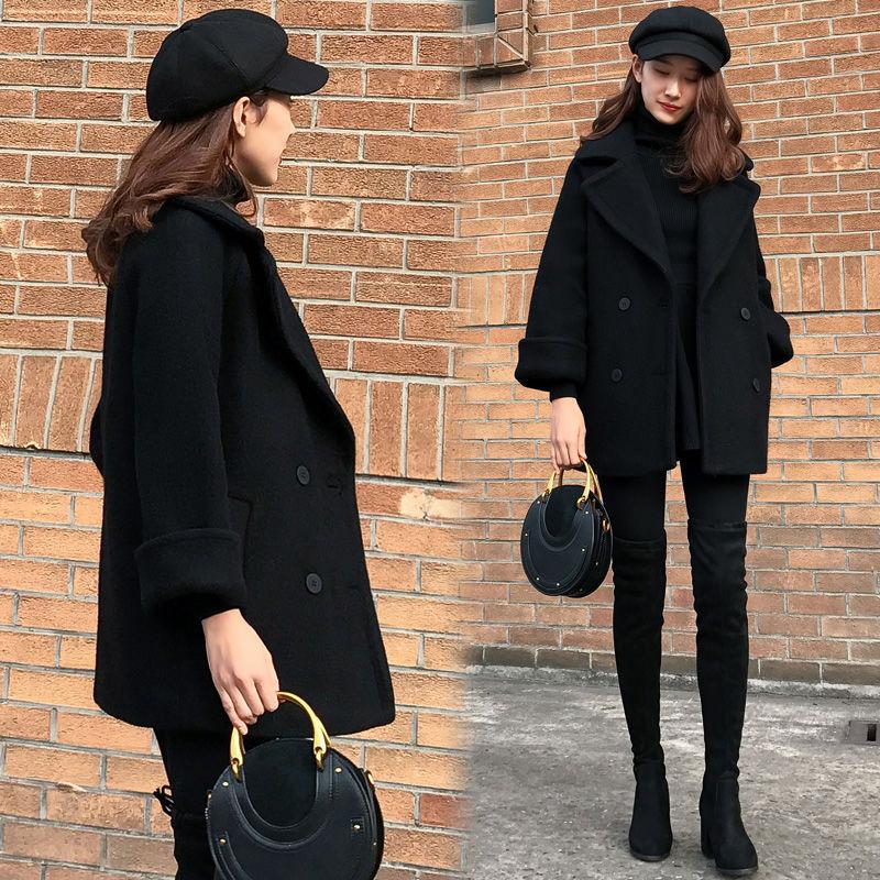 Loose Black Woolen Coat Mid-length Woolen Coat Autumn  Winter Thick Double-breasted Pea Coat