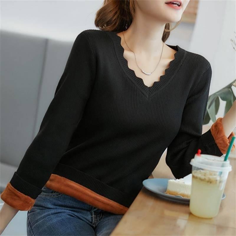 Pofulove Autumn Winter Plus Velvet Sweaters Women V-neck Hedging Thick Low-neck Knitted Bottom Shirt