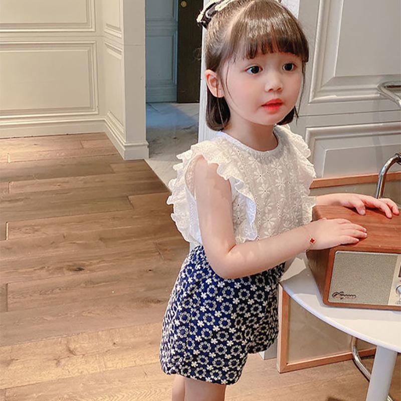 Girls' Summer Dress Foreign Style Shirt Baby Girl Round Neck Flower Shirt Korean Lace Sleeveless Top
