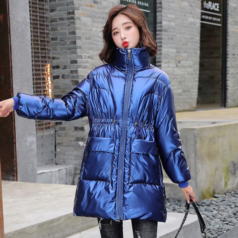 Women's Winter Coats Fashion Glossy Stand Collar Parkas Waterproof Shiny Winter Jacket Women Drawstring Padded Cotton Coat Outwear